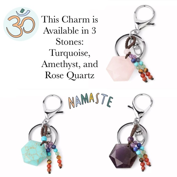 Natural Rose Quartz Hexagon Stone with Rainbow Chakra Keychain Charm - Picture 13 of 14